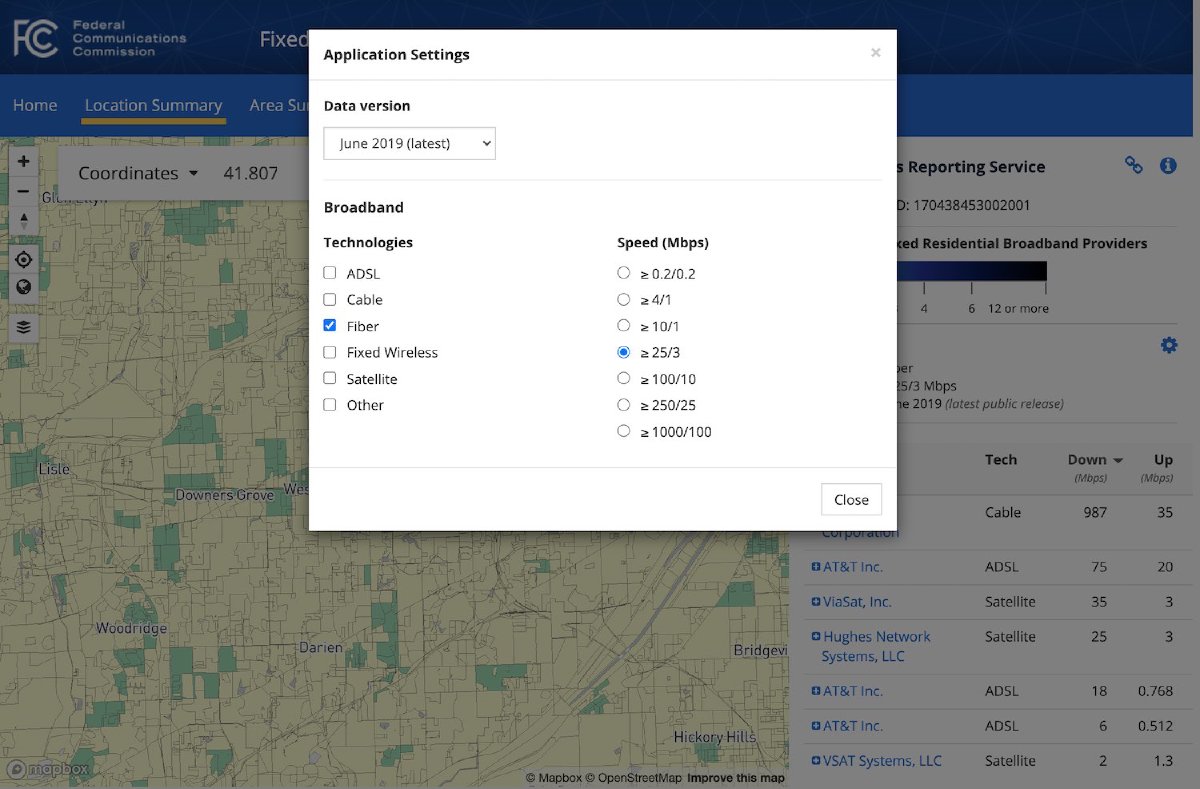 FCC broadband map showing fiber coverage by census block